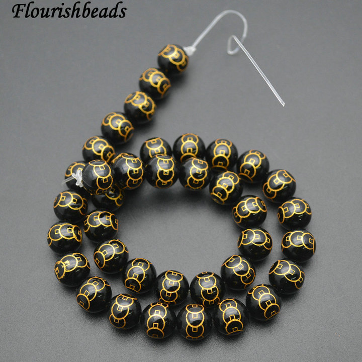 Gold color Money Coin Veins Black Agate Stone Round Loose Beads