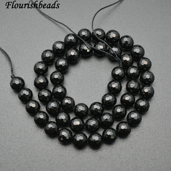 Faceted Natural Black Tourmaline Stone Round Beads