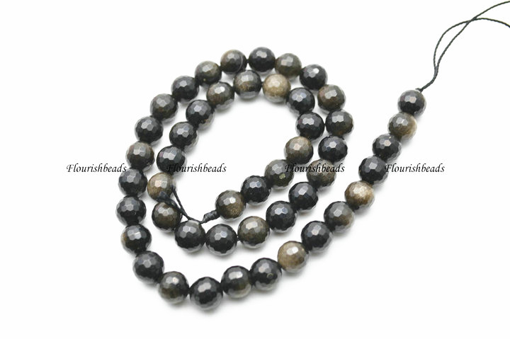 Faceted Gold Color Natural Obsidian Stone Round Loose Beads