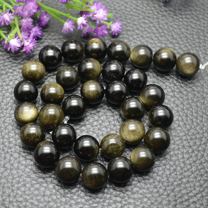 Gold Color Natural Obsidian Stone Round Loose Beads