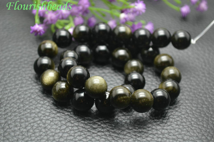 Gold Color Natural Obsidian Stone Round Loose Beads