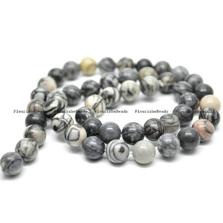 Natural Black Veins Stone Round Beads