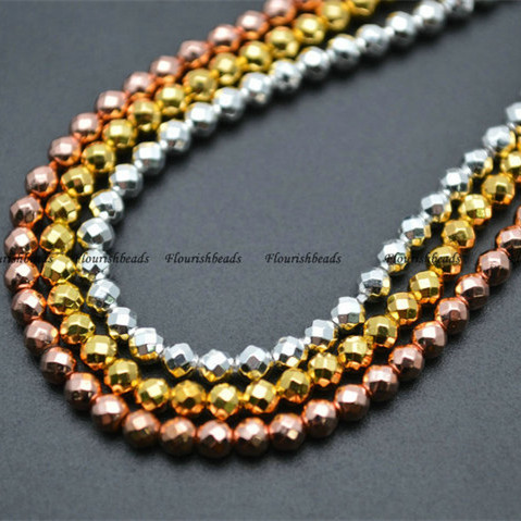 Gold / Silver / Rose Gold color Electroplating Faceted Hematite Round Loose Beads