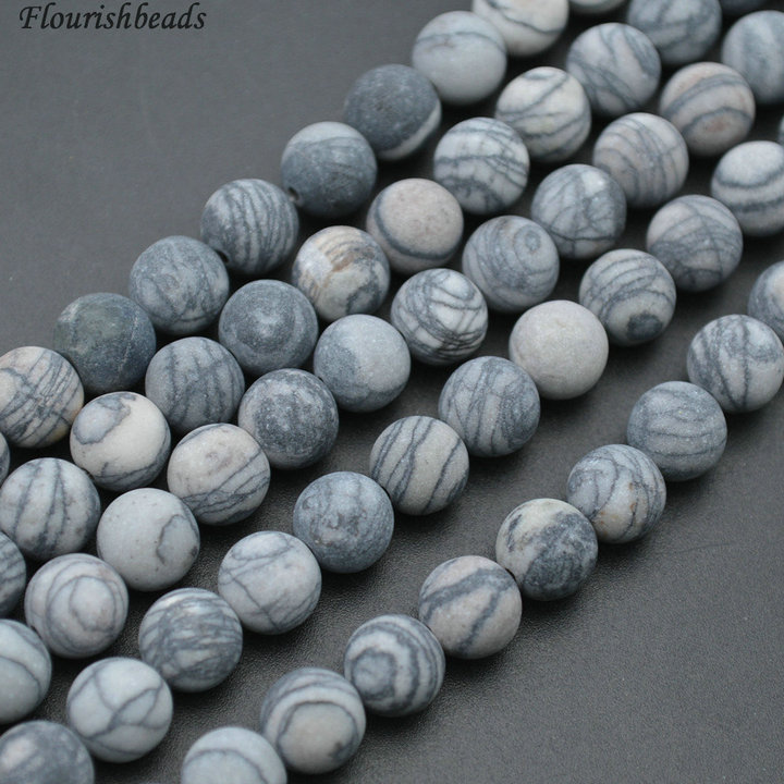 Matte Natural Black Veins Stone Round Beads