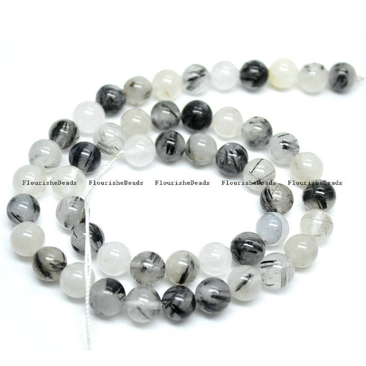 Natural Black Rutilated Quartz Stone Round Beads