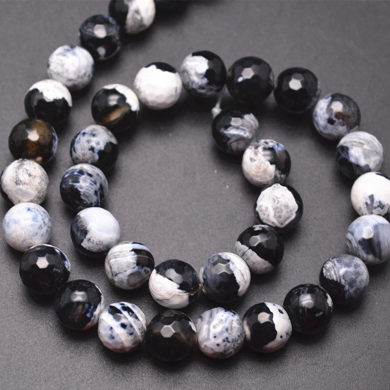 6mm 8mm 10mm Half Black Half White Faceted Fire Agate Stone Round Loose Beads