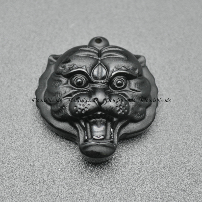 Traditional Black Obsidian Stone Carved Tiger Head Shape Pendant