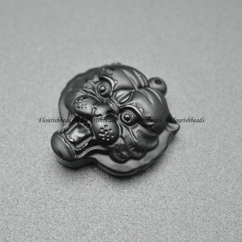 Traditional Black Obsidian Stone Carved Tiger Head Shape Pendant