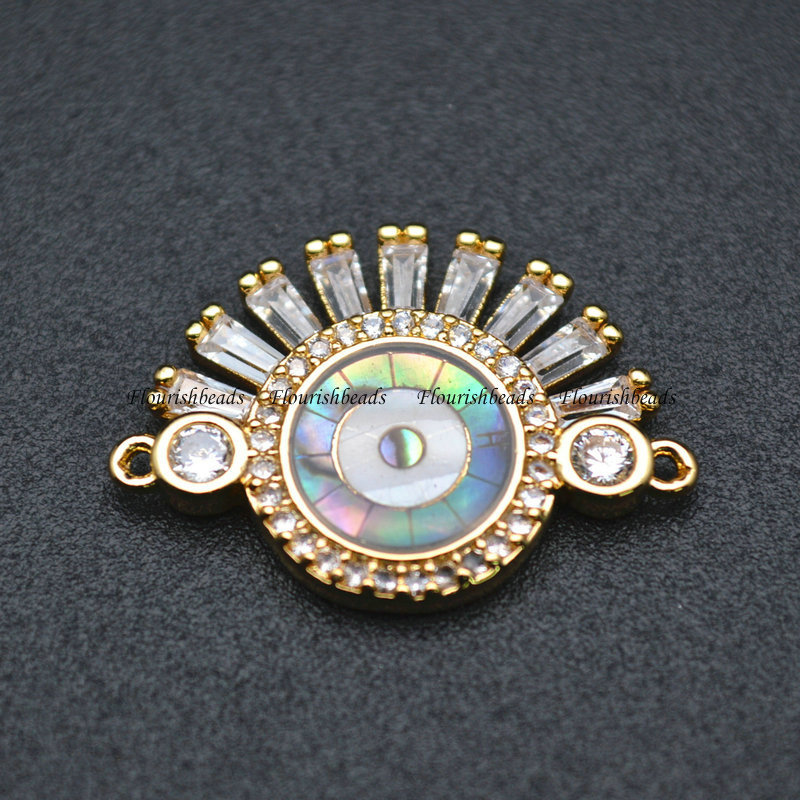 Eye Shape Abalone Shell Paved Biolette CZ Roundied Golden Metal Connectors Bracelet Charm Jewelry