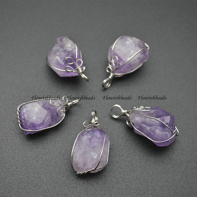 Wire Wrapped Nutural Amethyst Rough Freeform Nugget  Pendant  Crystal Healing Jewelry