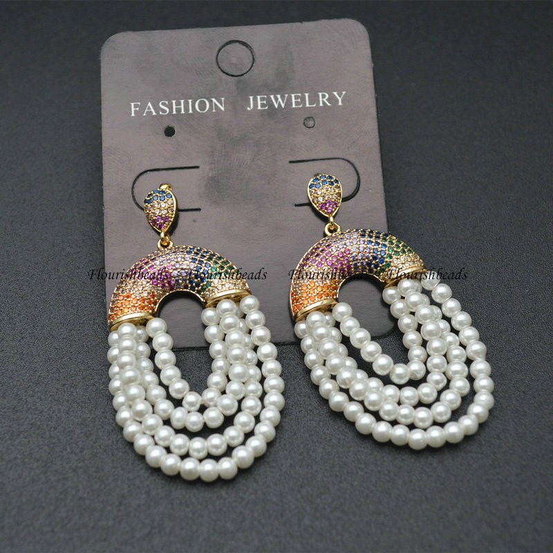 Fashion Jewelry Round Pearl Stone Multic Color CZ Paved Copper Dangle Earing For Woman