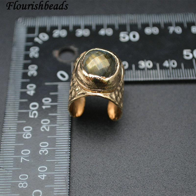 Faceted Labradorite Cabochon Width 20mm Gold Plating Copper Adjustable Band Ring