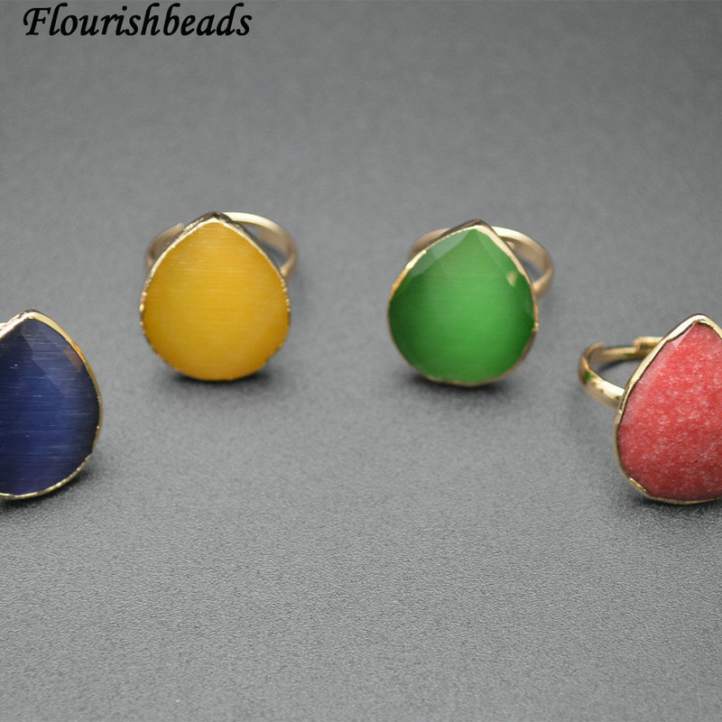 Nucleated Multic Colors Cat Eye Stone Faceted Tear Drop Gold Plating Adjustable Rings
