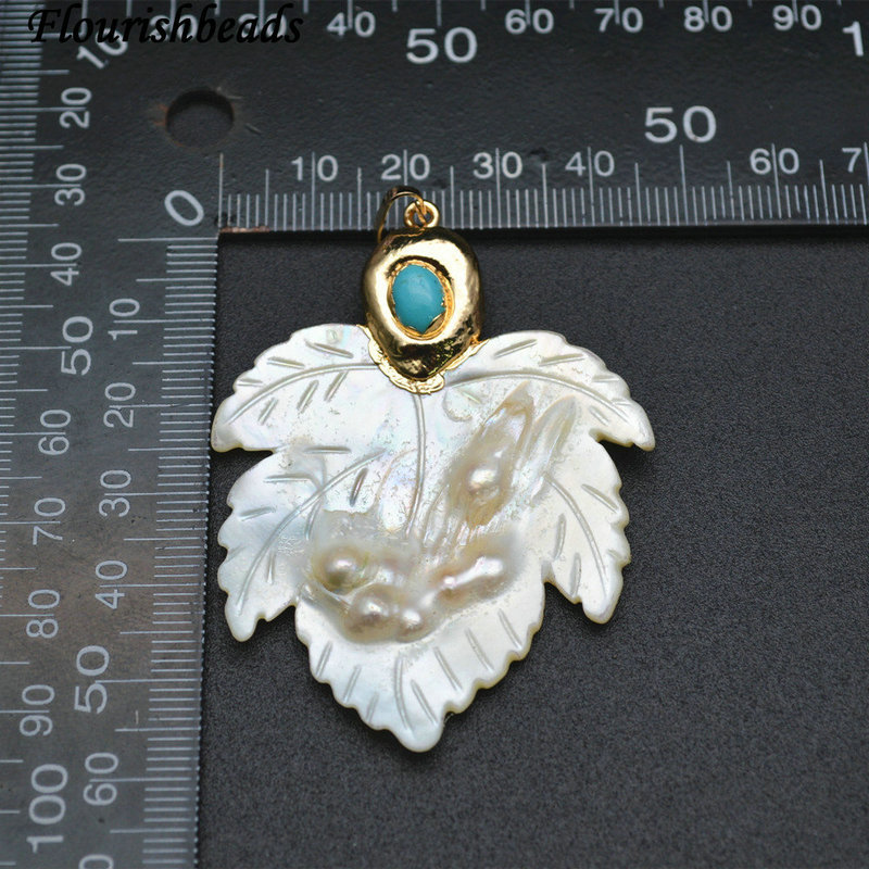 Top Turquoise Paved Gold Plating Cooper Natural Pearl Shell Carved Maple Leaf Shape Pendant