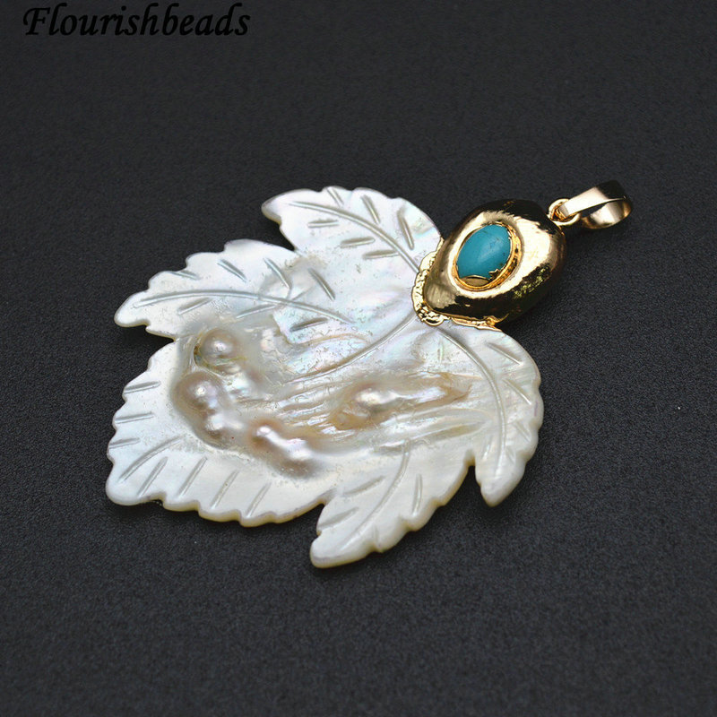 Top Turquoise Paved Gold Plating Cooper Natural Pearl Shell Carved Maple Leaf Shape Pendant
