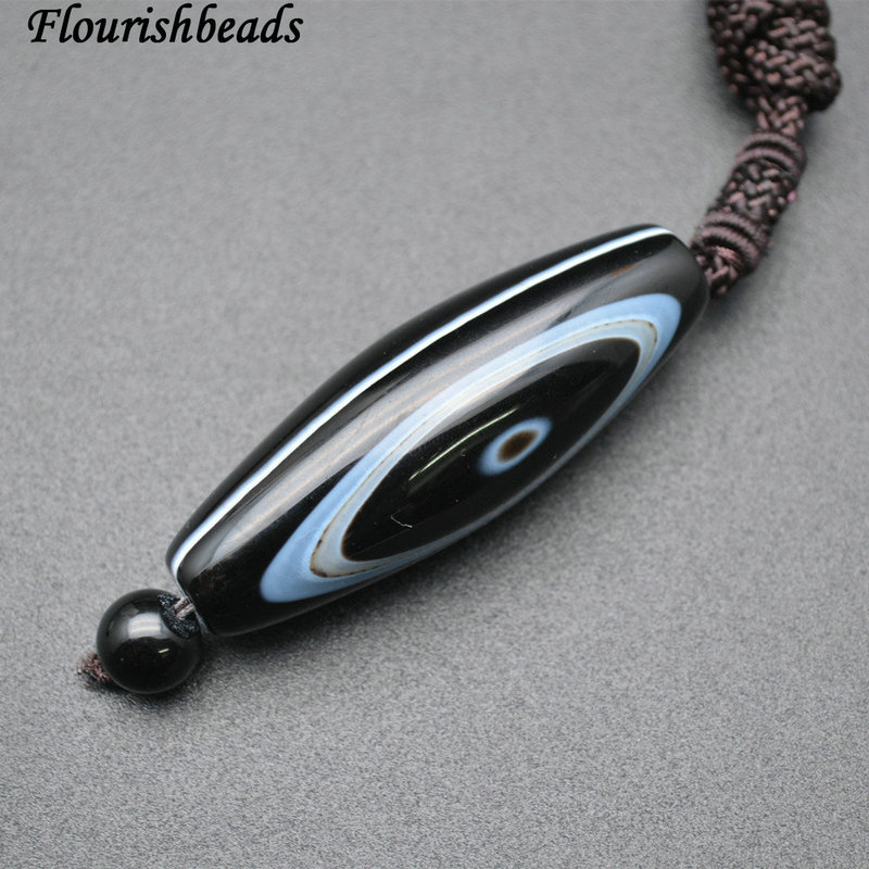 Nucleated Natural DZI Agate Tibetan Barrel with 64cm Chinese Cord Necklace