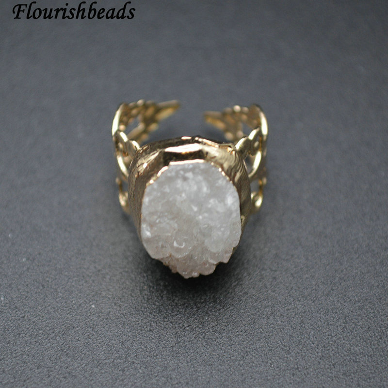 Natural Free Form Druzy Crystal Quartz Gold Plating Hollow Out Adjustable Circle Rings