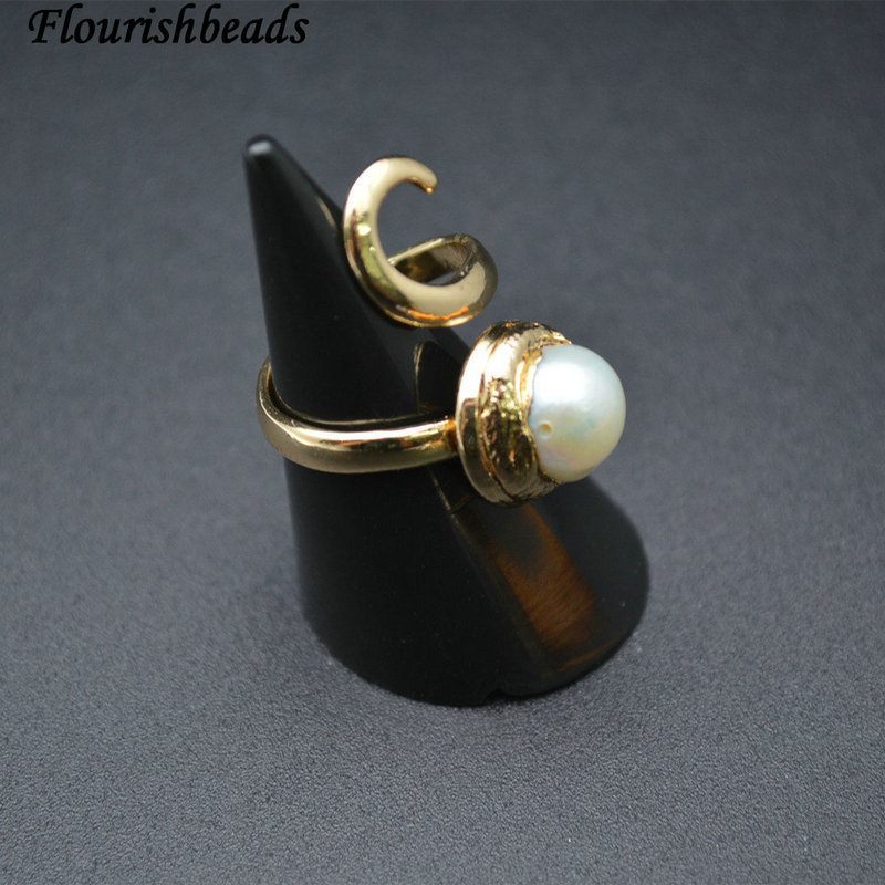 Natural White Pearl Round Beads Ring with Spiral Gold Metal Adjustable Circle