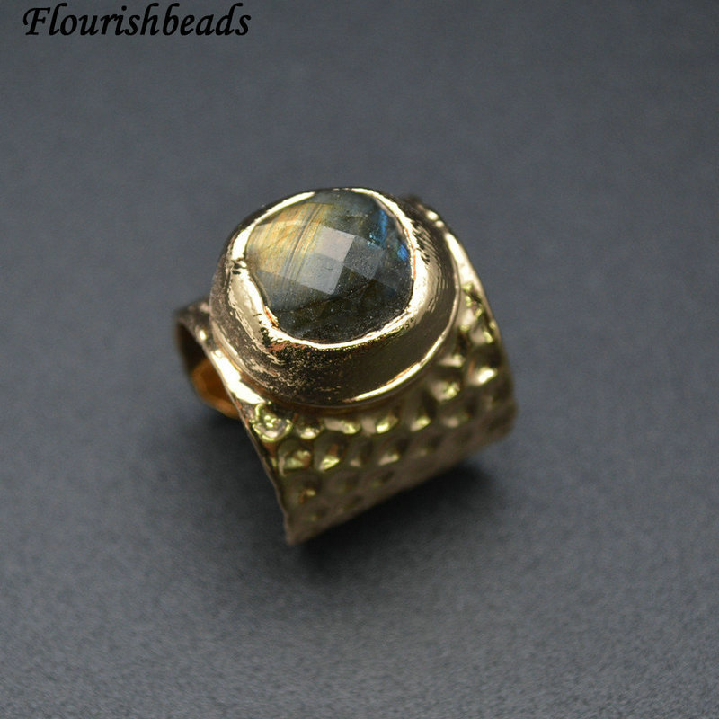 Faceted Labradorite Cabochon Width 20mm Gold Plating Copper Adjustable Band Ring