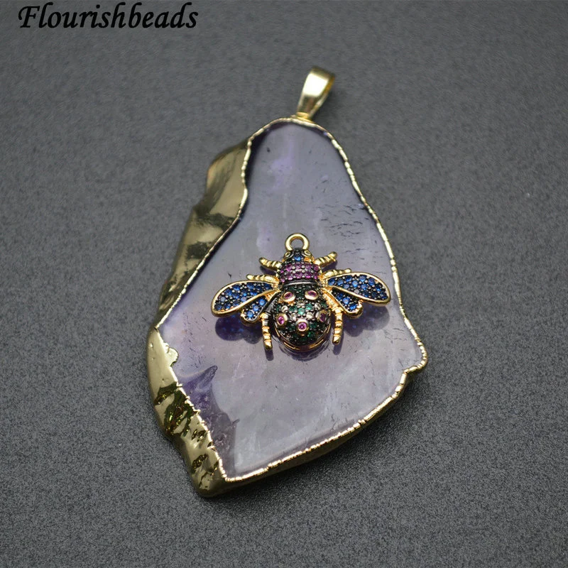 Gold plating CZ Bee Setting Natural Amethyst Leaf Shape Big Size Pendant