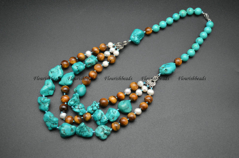 Natural Free Fromed Turquoise Round Tiger Eye Stone White Pearl Beads Necklace