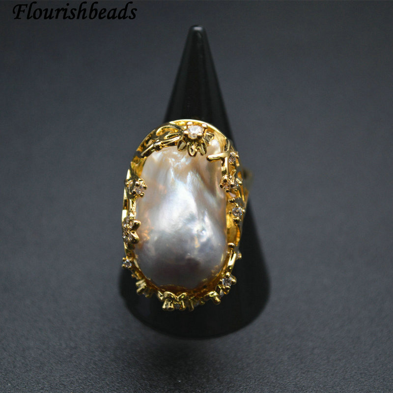Natural White Pearl Carved Gold Plating CZ Zircon Elegent Rings