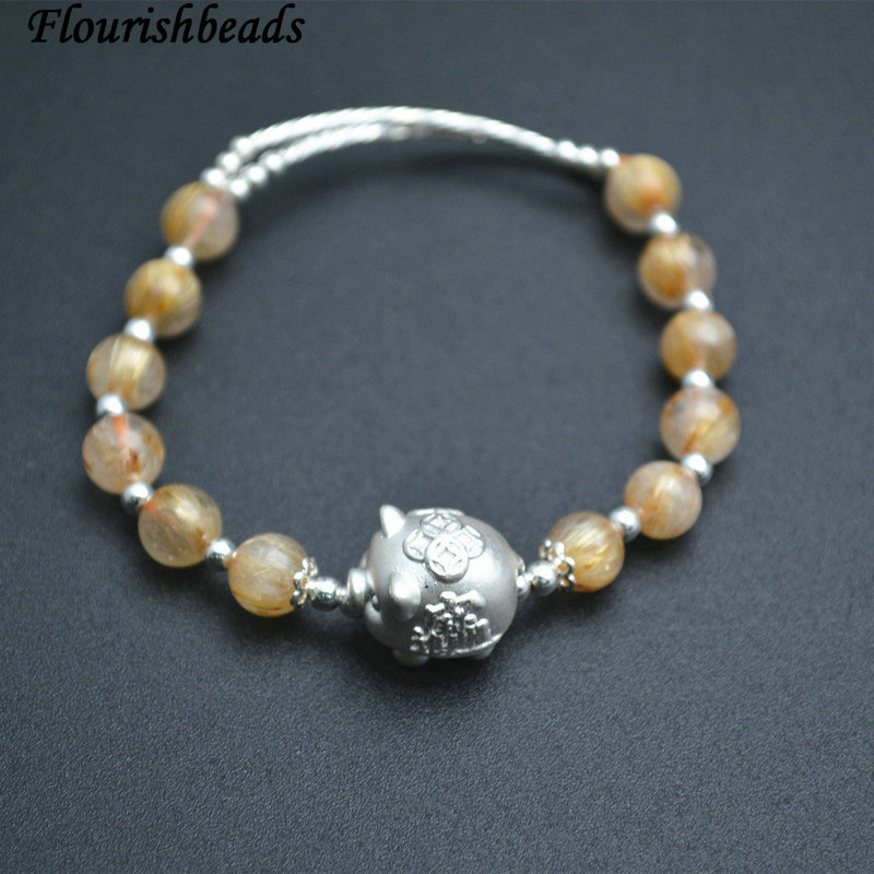 6mm Round Gold Rutilated Quartz Beads Chinese Silver Lucky Pig Bracelet