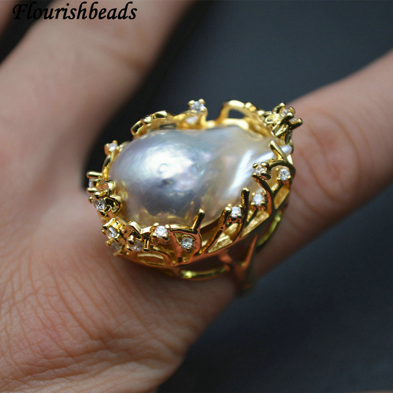 Natural White Pearl Carved Gold Plating CZ Zircon Elegent Rings