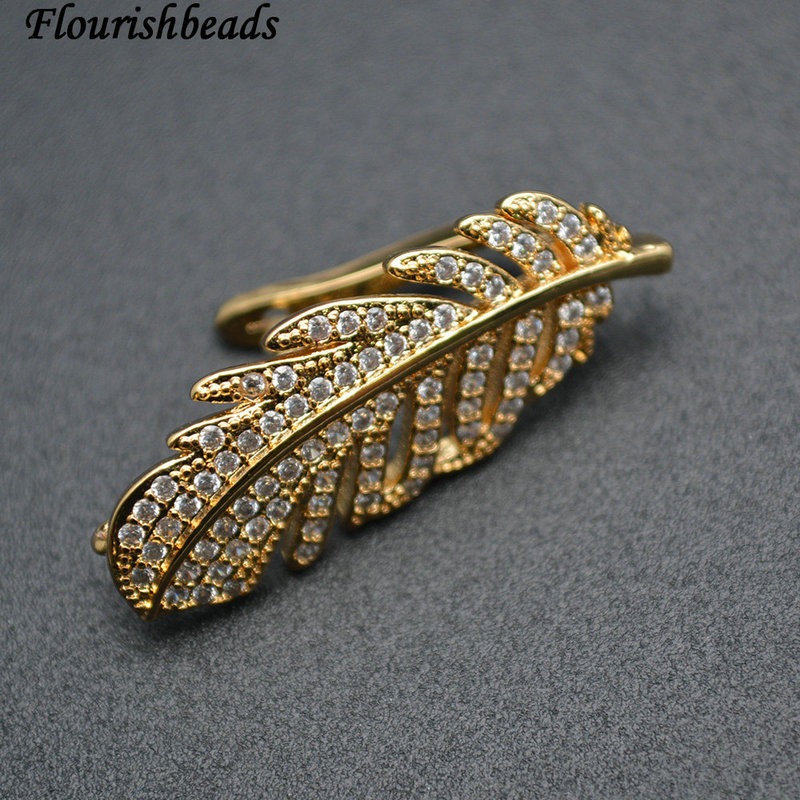 Anti-fade Rhodium Gold Electroplate Copper Paved CZ Leaf Shape Connecter Clasp
