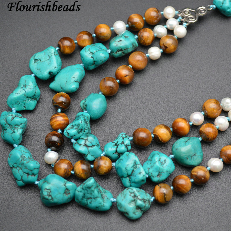 Natural Free Fromed Turquoise Round Tiger Eye Stone White Pearl Beads Necklace