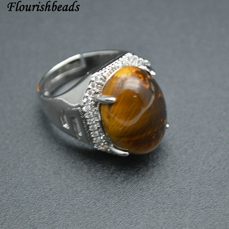 Natural Nucleated Tiger Eye Puff Cabochon Setting CZ Adjustable Ring