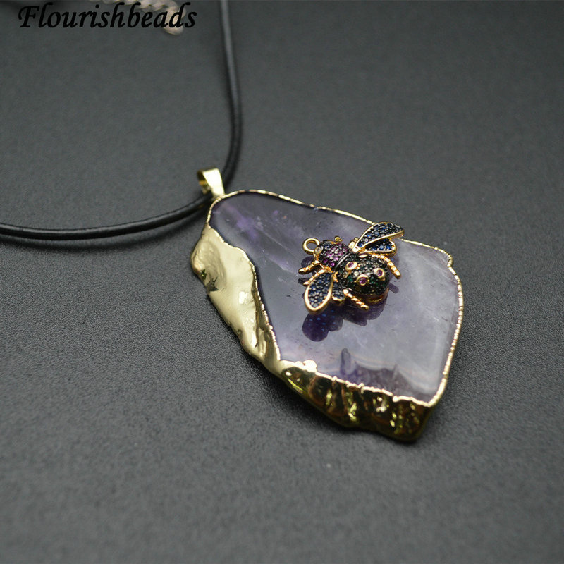 Natural Amethyst Leaf Shape Paved Golden Electroplating CZ Bee Fashion Jewelry Necklace