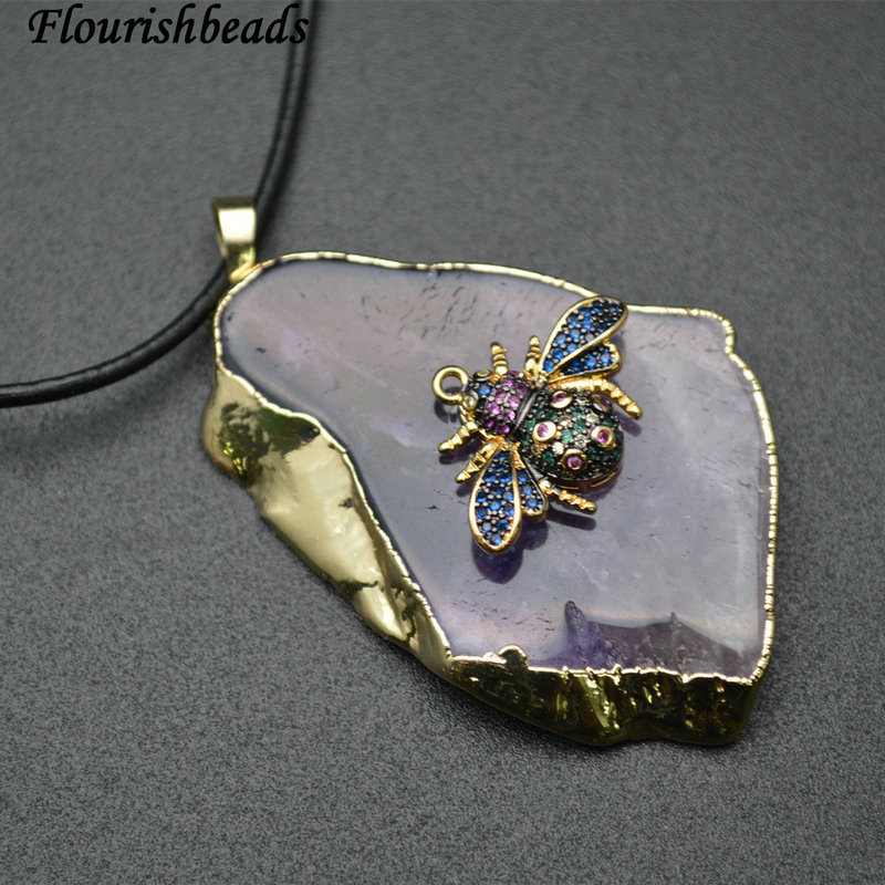 Natural Amethyst Leaf Shape Paved Golden Electroplating CZ Bee Fashion Jewelry Necklace