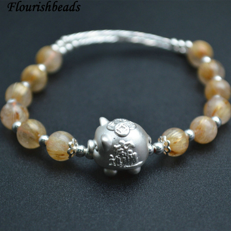 6mm Round Gold Rutilated Quartz Beads Chinese Silver Lucky Pig Bracelet