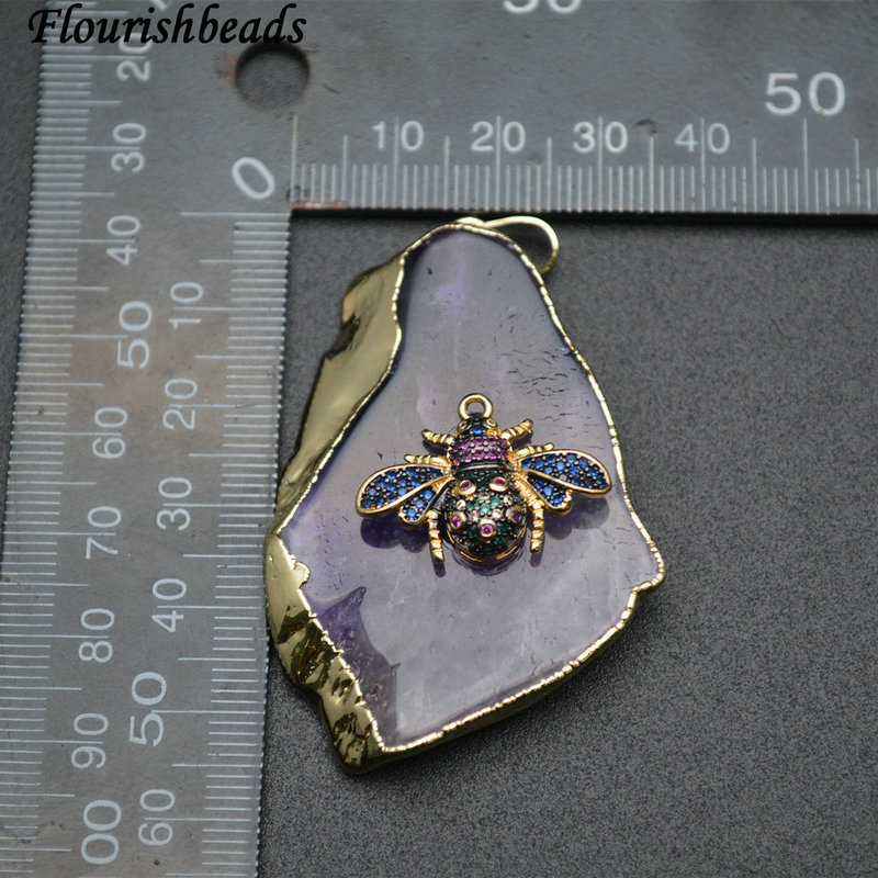 Gold plating CZ Bee Setting Natural Amethyst Leaf Shape Big Size Pendant