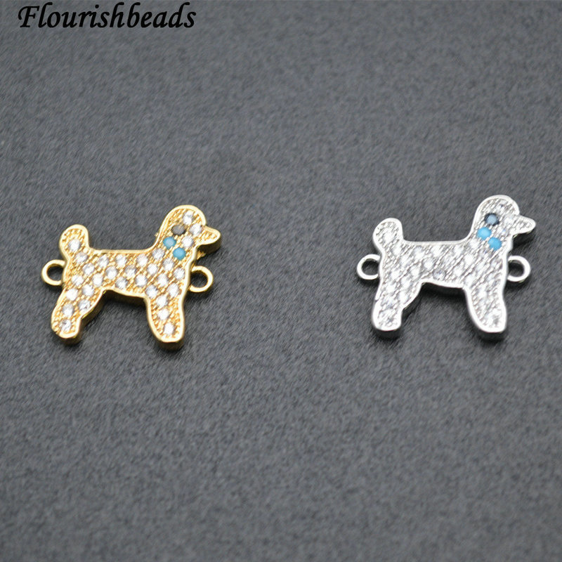 Anti-fade Gold Rhodium Paved CZ Puppy Shape with 2 Loops Connecter Charms