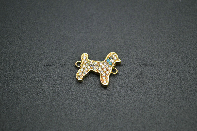Anti-fade Gold Rhodium Paved CZ Puppy Shape with 2 Loops Connecter Charms