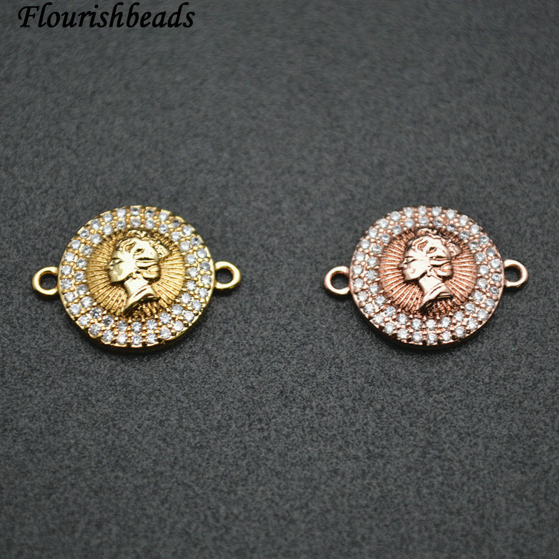 Lady Head Metal Plating Copper Paved CZ with 2 Loops Connecter Charms