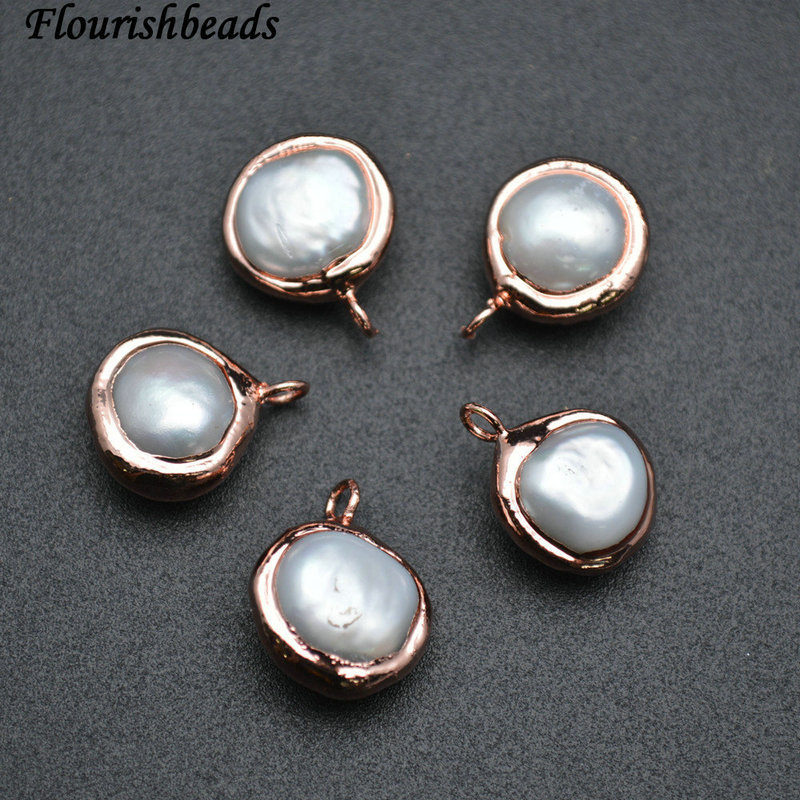 Roundle Natural White Pearl Paved Gold Rose Gold Plating Copper with 1 Loop Connecter Charms