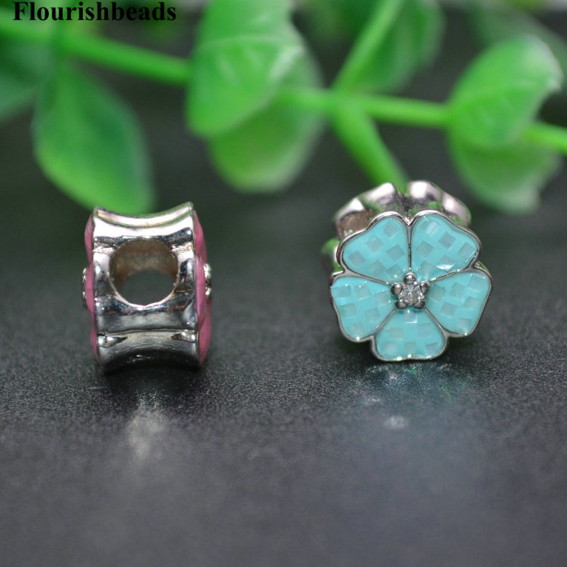 Beautiful color Shell Paved 3mm Big Hole Clover Shape Metal Beads Charms fit Chains Bracelets making