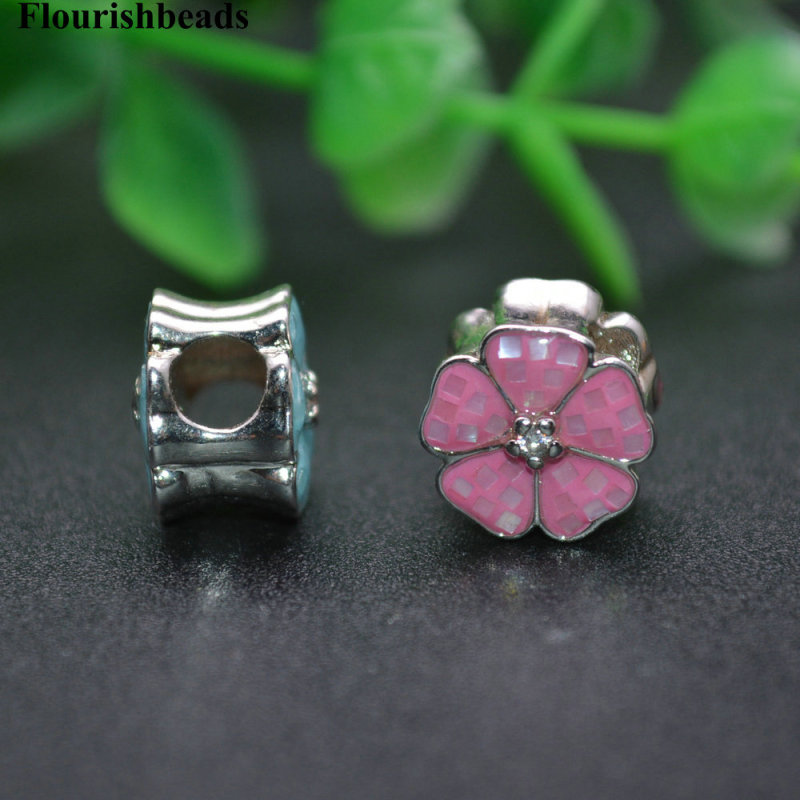 Beautiful color Shell Paved 3mm Big Hole Clover Shape Metal Beads Charms fit Chains Bracelets making
