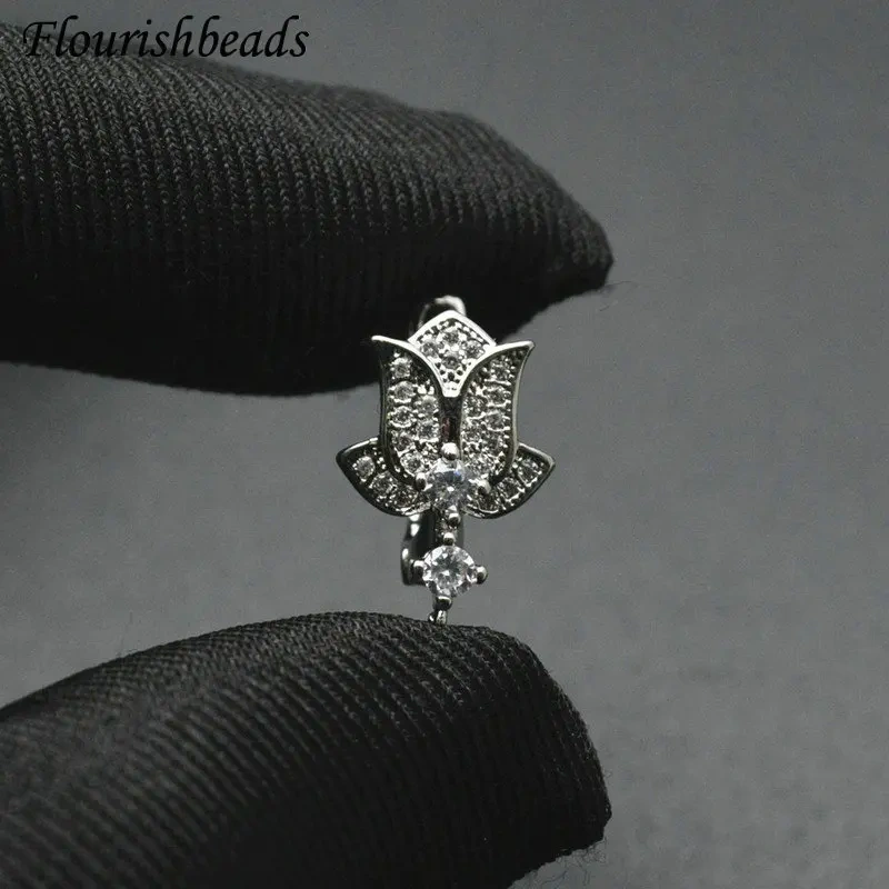 30pc Hgih Quality CZ Paved Gold Silver Black Tulip Flower Shape Dangle Earring Hook Clasps Accessories Jewelry Making Supplies