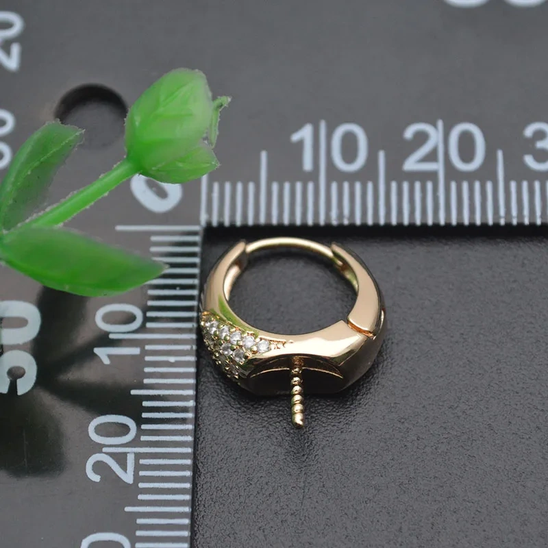 Gold Color CZ Paved Circle Shape Screw Pin Earring Hooks Fit 12mm Half Hole Beads DIY  Handmade Jewelry Making
