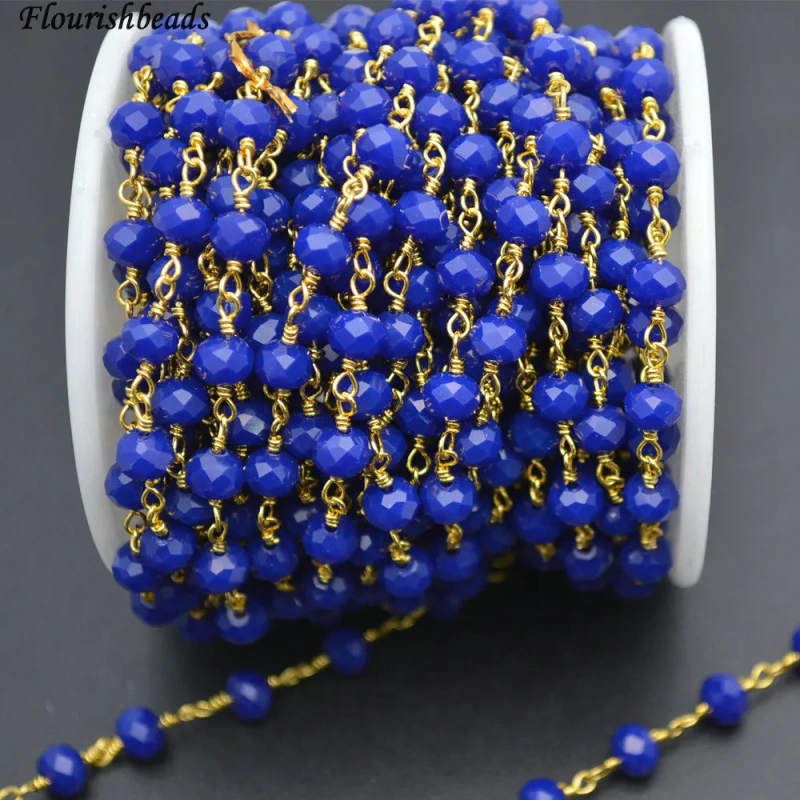10 Meters Anti-Rust Gold Color Wire Linked 2X4mm / 4x6mm Faceted Royal Blue Color Glass Rondelle Beads Necklace Chains