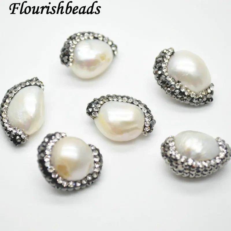 5pc Paved Black Crystal Natural White Pearl Oval Loose Beads DIY Fashion Jewelry making supplies