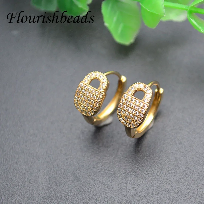 20pcs/lot Nickel Free Anti Rust Real Gold Plating CZ Paved Lock Shape Round Earrings Hooks for Jewelry Making Supplies