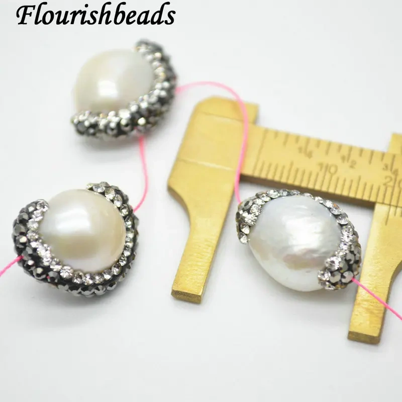 5pc Paved Black Crystal Natural White Pearl Oval Loose Beads DIY Fashion Jewelry making supplies
