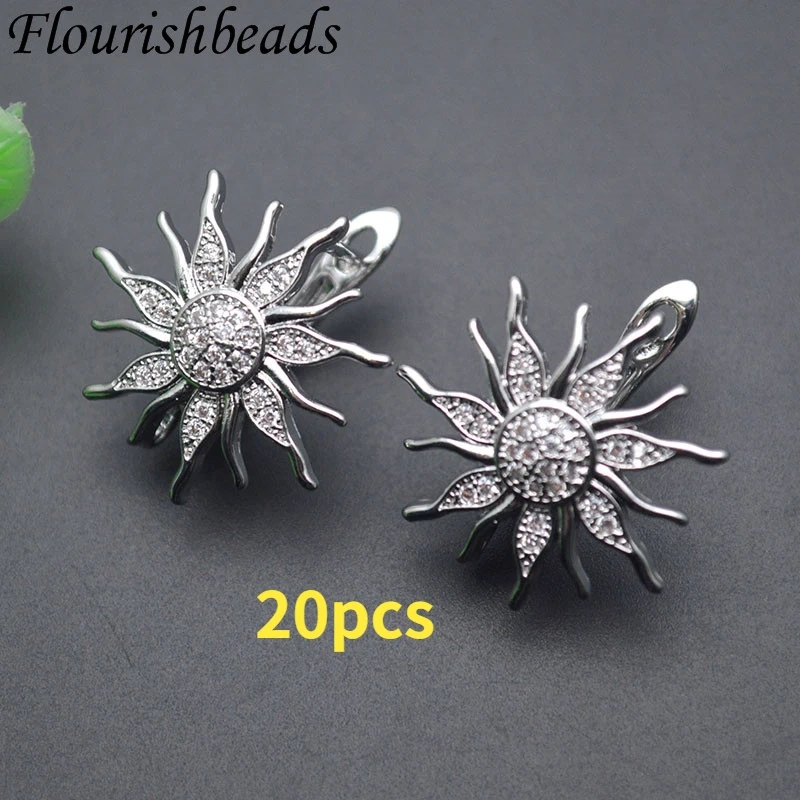 Metal Brass Real Gold Plated Sun Flower Shape 18k Earring Hooks Paved CZ Beads Earwire Fasteners Jewelry Findings