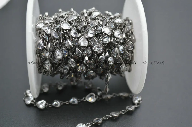 10 Meters 6mm Heart Shape Zircon Anti-rust Frame Wire Linked Necklace Chains (Gold color / Rhodium / Gun Metal color)