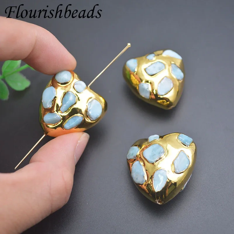 Vintage Gold Plated Stone Loose Beads Heart Shape Through Hole Bead for DIY Earrings Necklace Jewelry Making 5pcs/lot